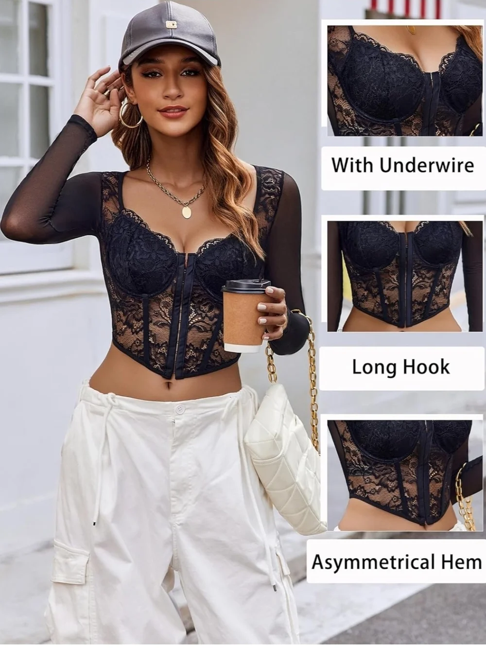 Black Lace Long-Sleeve Bustier Crop Top - Picture 3 of 4